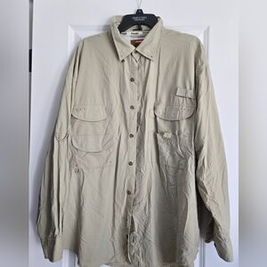 Wrangler XXL Fishing Outdoors Button Down Pockets Roll Tab Cream Long Sleeve